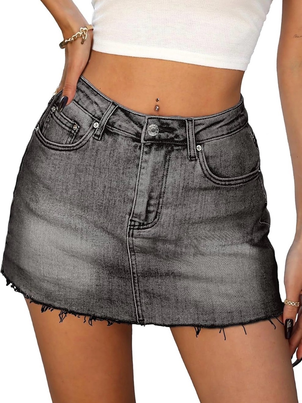 Women's Black Denim Mini Skirt - Casual Distressed Look- Size Medium